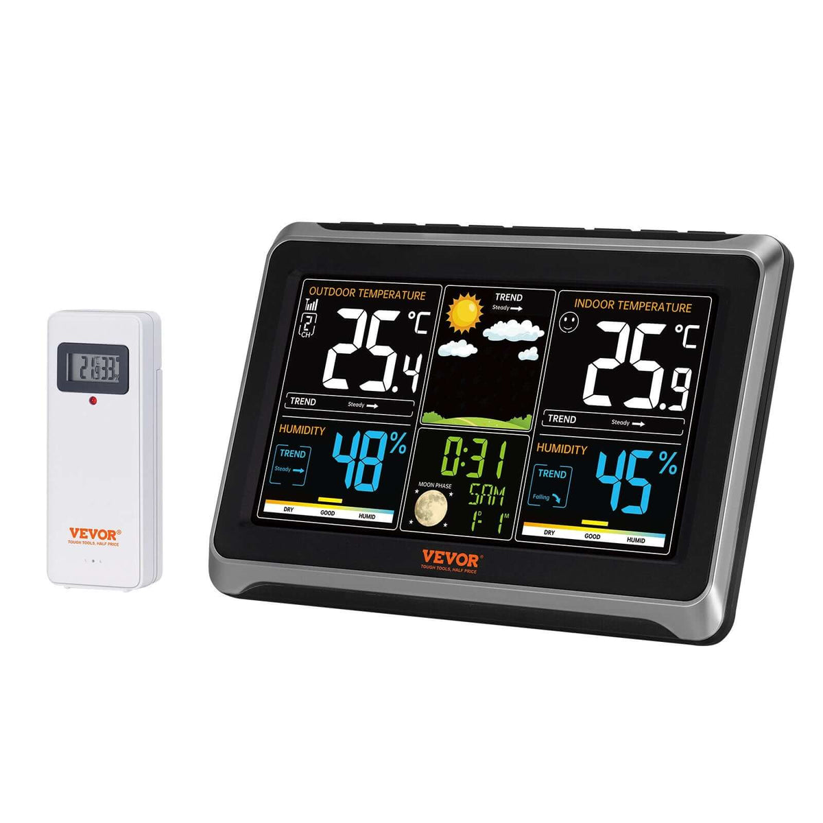 wireless weather station with outdoor sensor displaying 7.5-inch color screen with indoor and outdoor temperatures side by side
