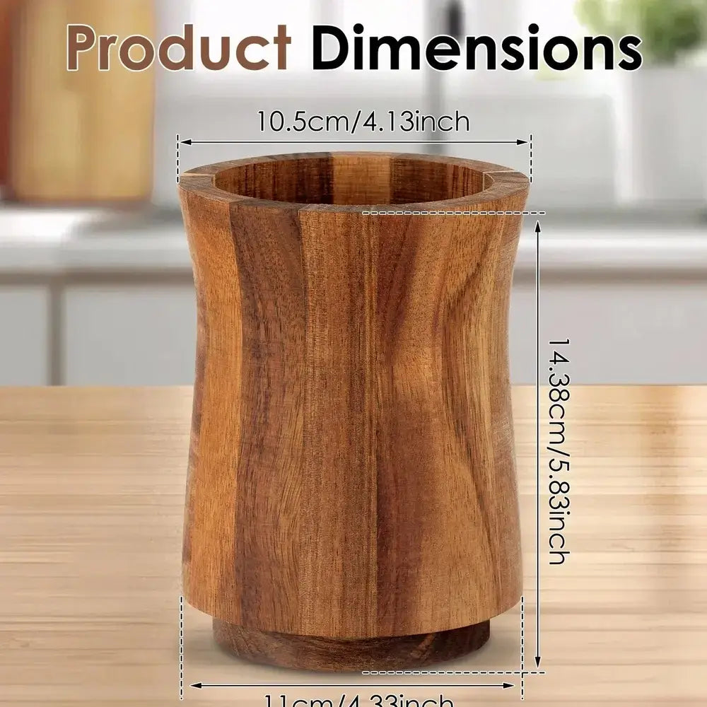 360° rotating acacia wood utensil holder dimensions showing height and width for ideal counter organization.