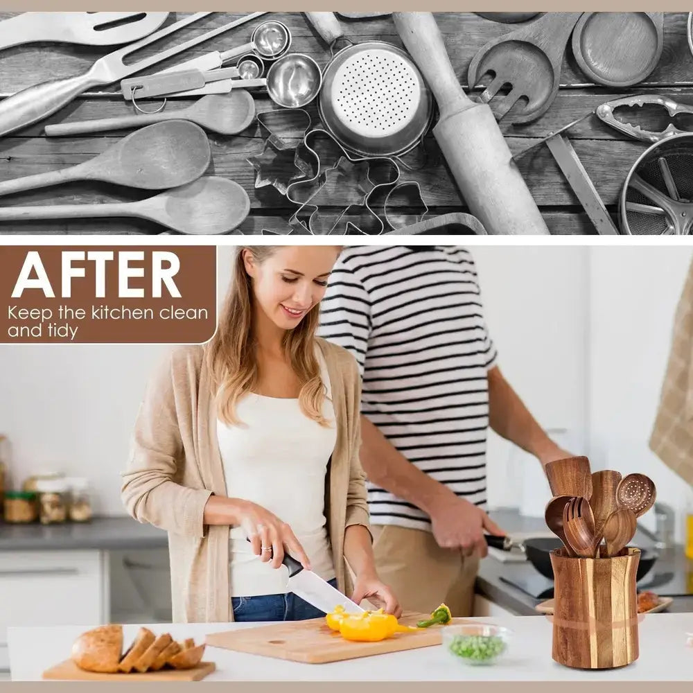 Rotating acacia wood utensil holder showcasing organized kitchen tools and a clean workspace.