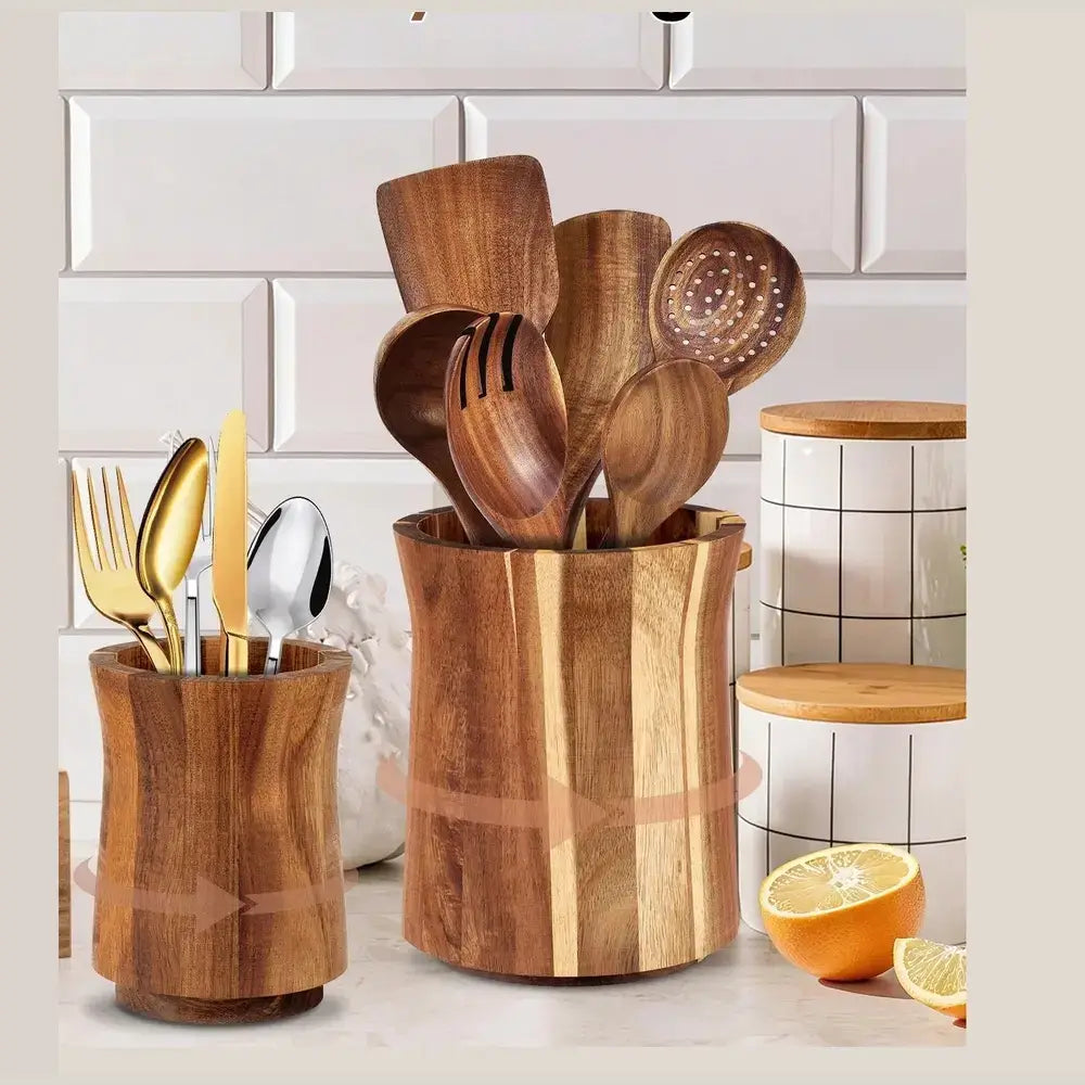 360° rotating acacia wood utensil holder showcasing kitchen tools in stylish design on countertop.
