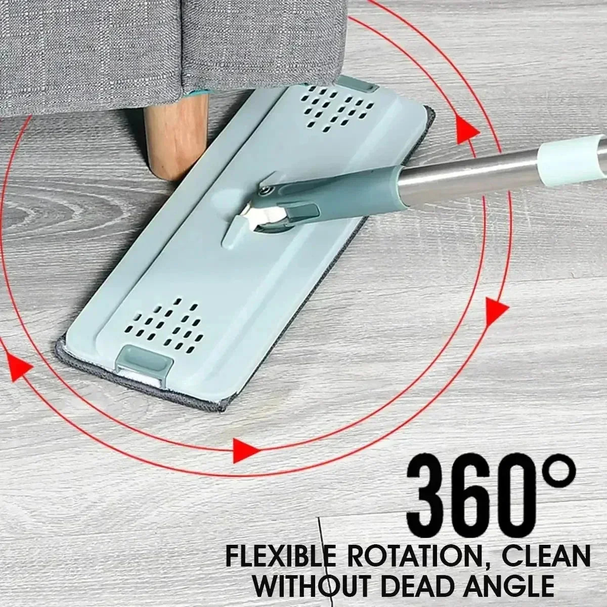 Flat squeeze mop with a 360-degree swivel head and hands-free wringing bucket.