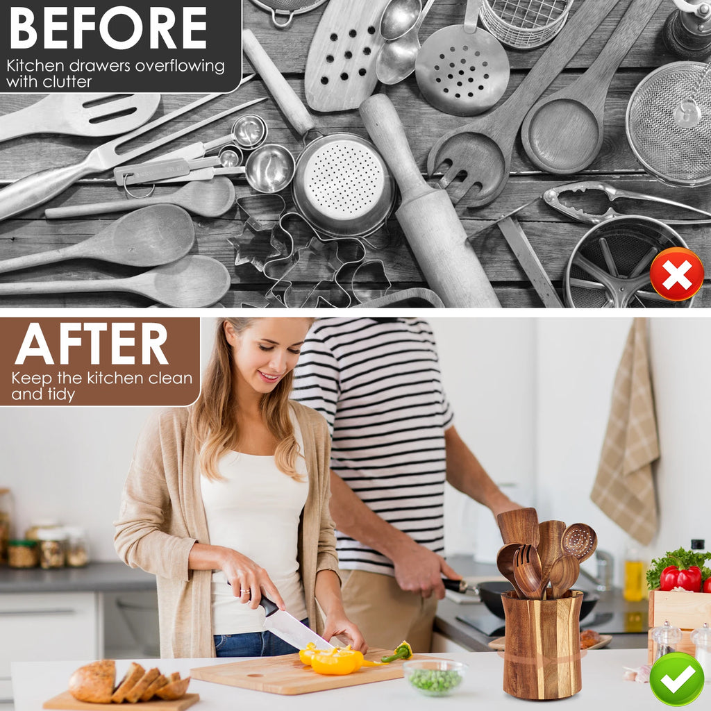 360° Rotating Acacia Wood Utensil Holder – Countertop Kitchen Tool Organizer – Kitchen Organizer