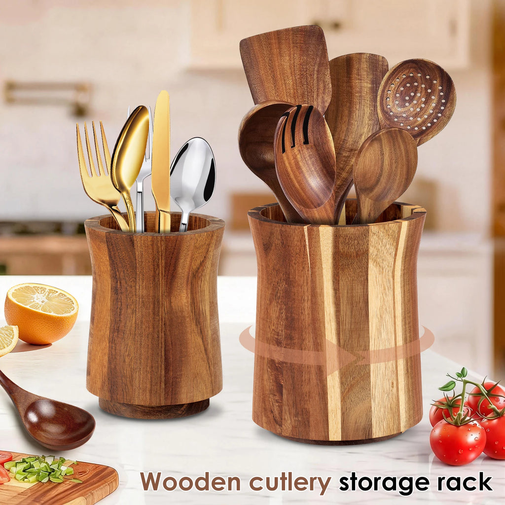 360° Rotating Acacia Wood Utensil Holder – Countertop Kitchen Tool Organizer – Kitchen Organizer