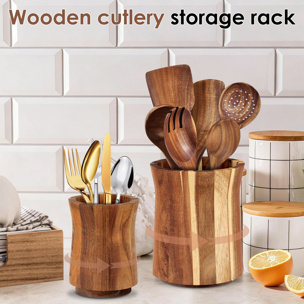 360° Rotating Acacia Wood Utensil Holder – Countertop Kitchen Tool Organizer – Kitchen Organizer