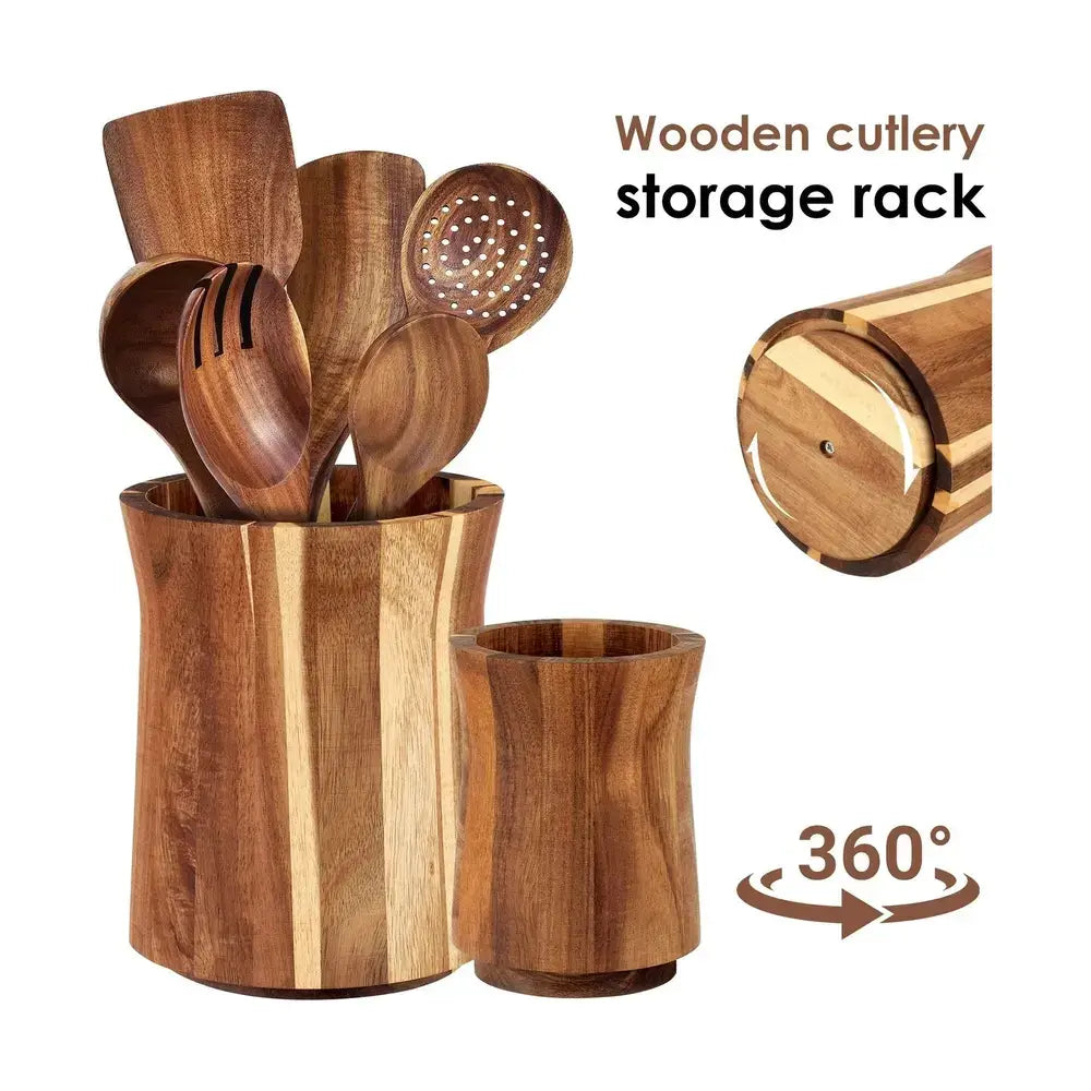 360° rotating acacia wood utensil holder with wooden cutlery storage rack and kitchen tools.