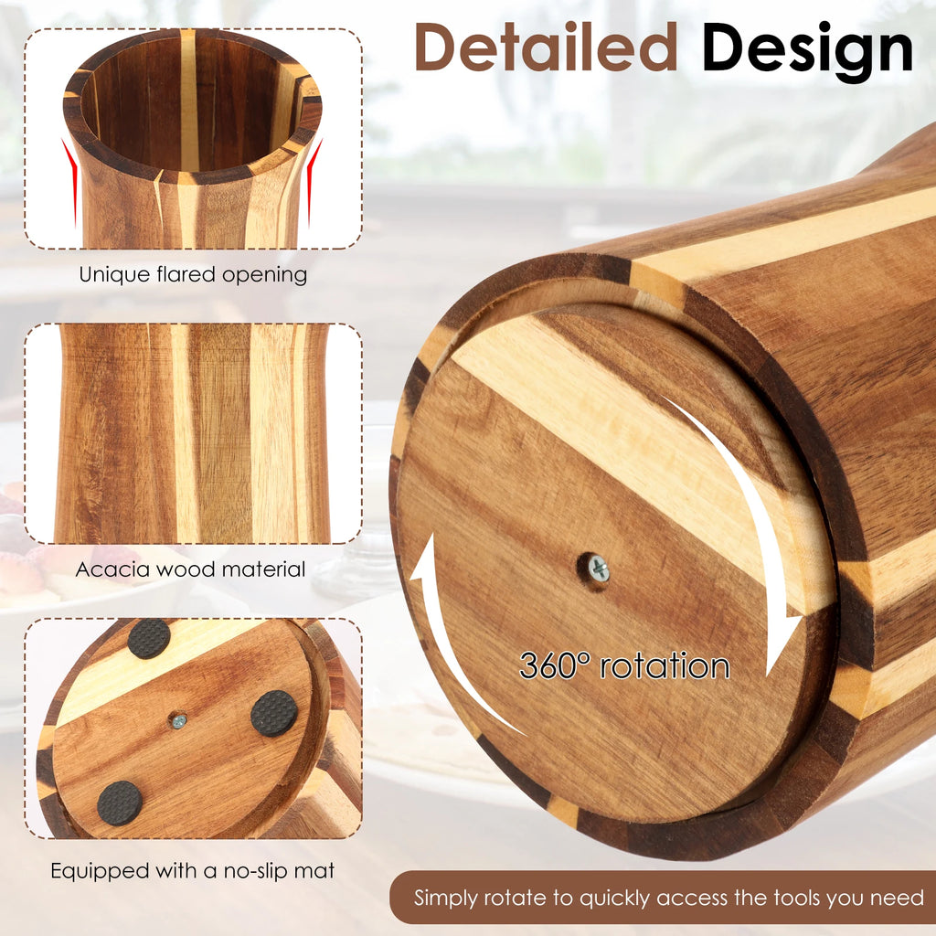 360° Rotating Acacia Wood Utensil Holder – Countertop Kitchen Tool Organizer – Kitchen Organizer
