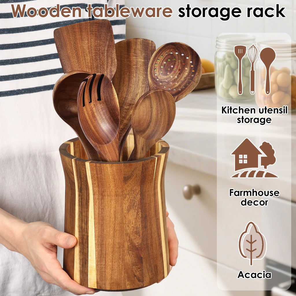 360° Rotating Acacia Wood Utensil Holder – Countertop Kitchen Tool Organizer – Kitchen Organizer