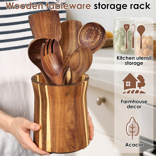 360° Rotating Acacia Wood Utensil Holder – Countertop Kitchen Tool Organizer – Kitchen Organizer