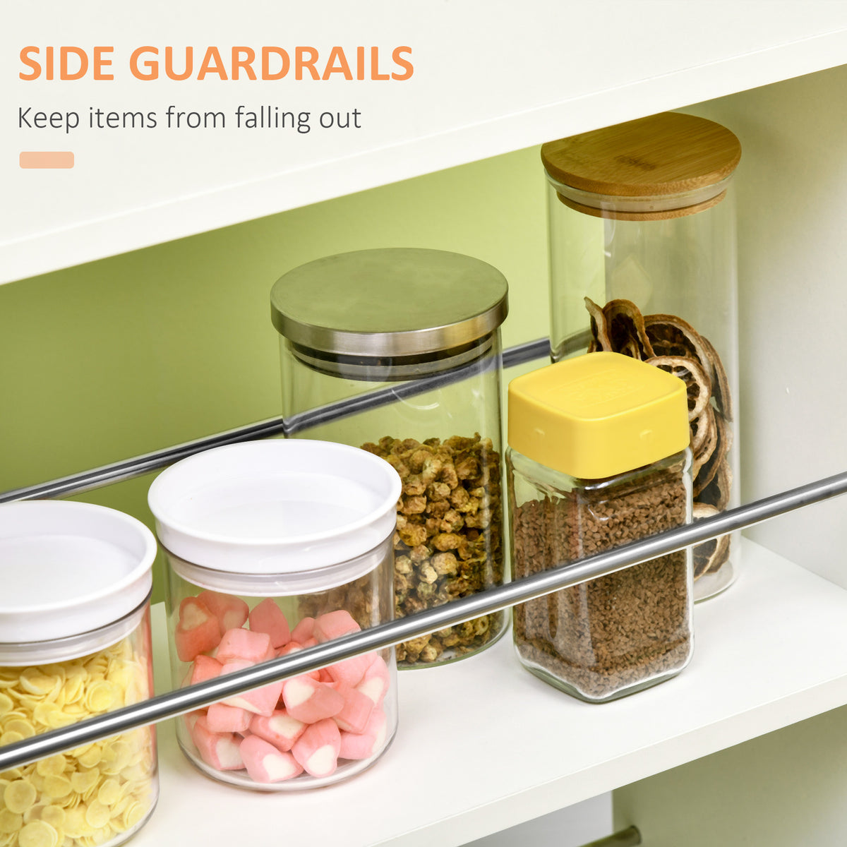 slim rolling storage cart with drawer featuring side guardrails keeping spices and pantry items secure in narrow kitchen spaces