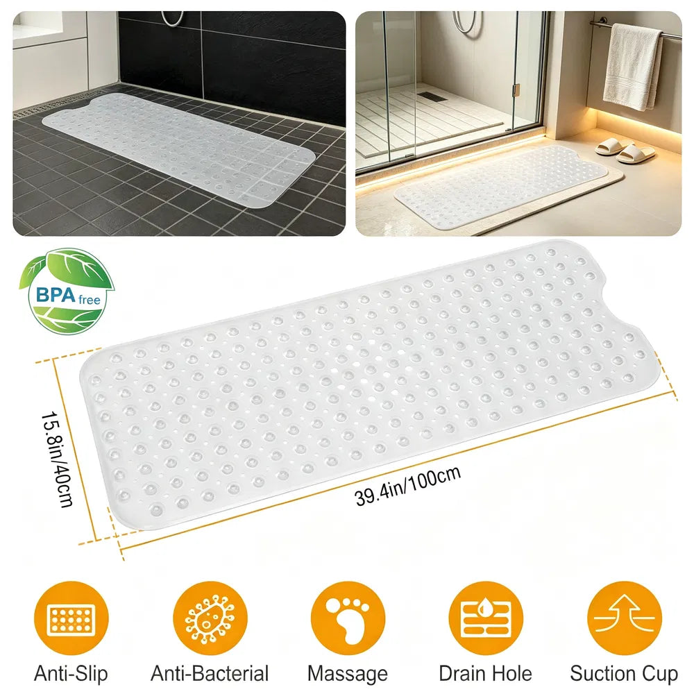 Transparent white non-slip tub mat with suction cups, large size with drain holes and pebble texture