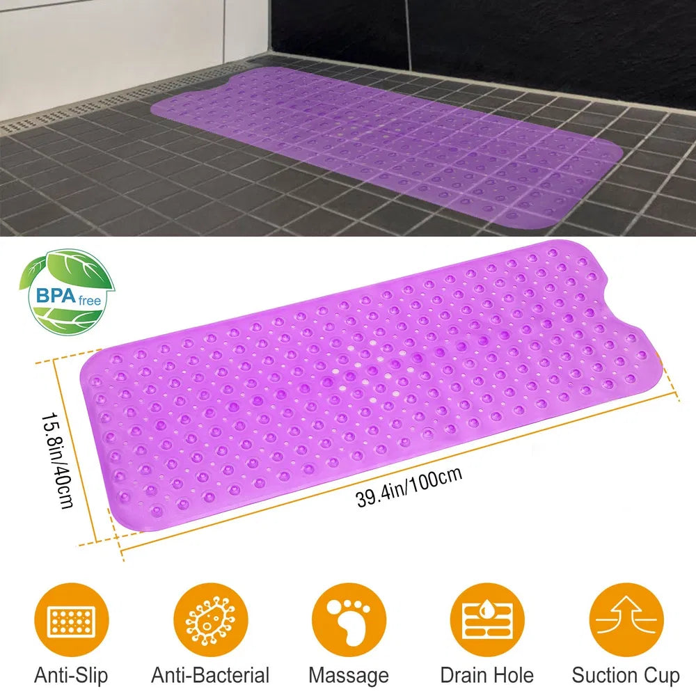 Non-slip tub mat with suction cups in transparent purple, large size with drain holes and pebble texture