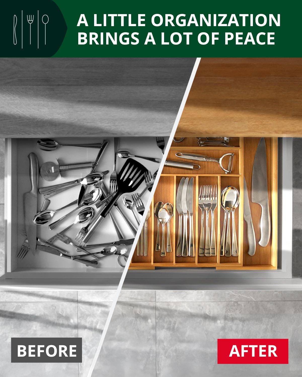 Before and after comparison of expandable bamboo drawer organizer organizing kitchen utensils and gadgets