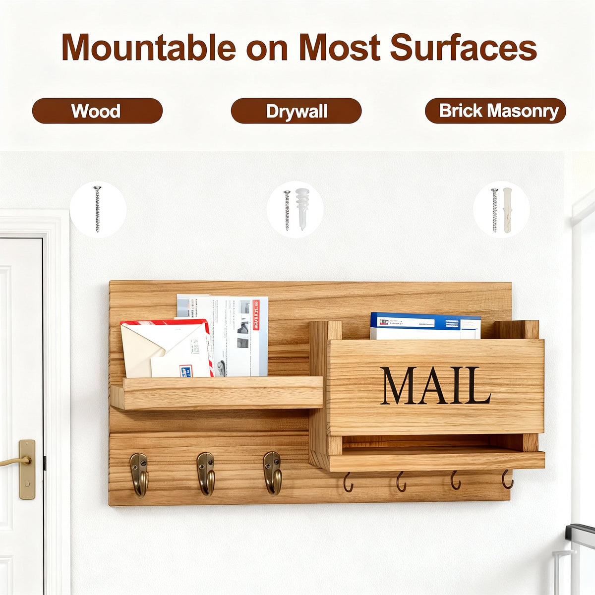 Rustic Wood Entryway Organizer – Key Hooks, Mail Rack & Coat Hooks