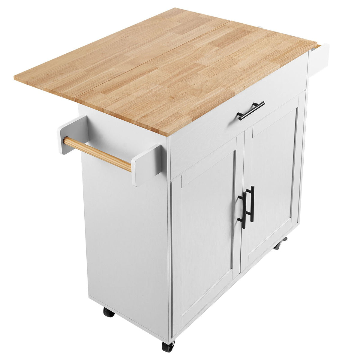 White rolling kitchen island with drop leaf, wood top, and storage cabinets