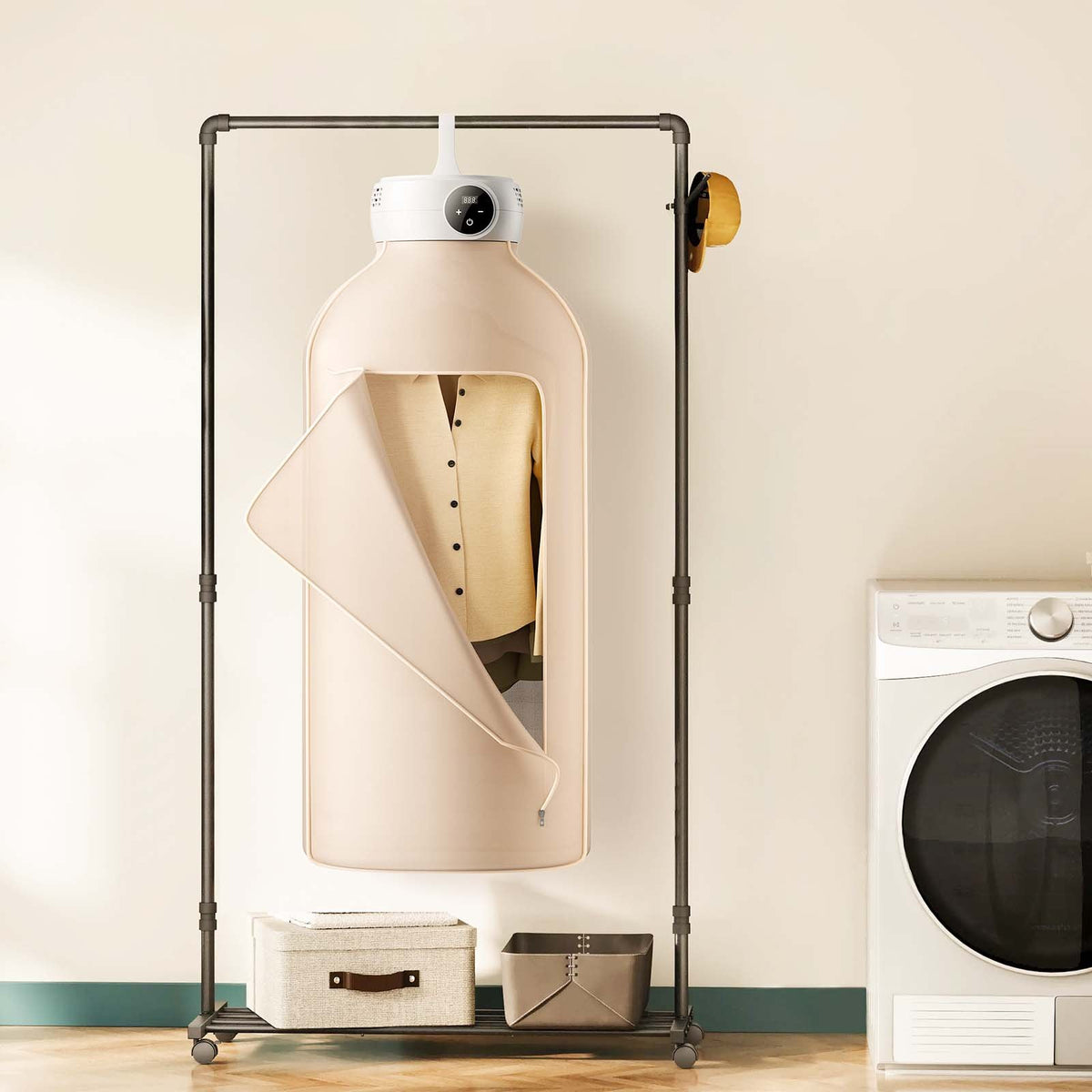 portable clothes dryer with bag hanging on rack with digital timer and yellow vent attachment