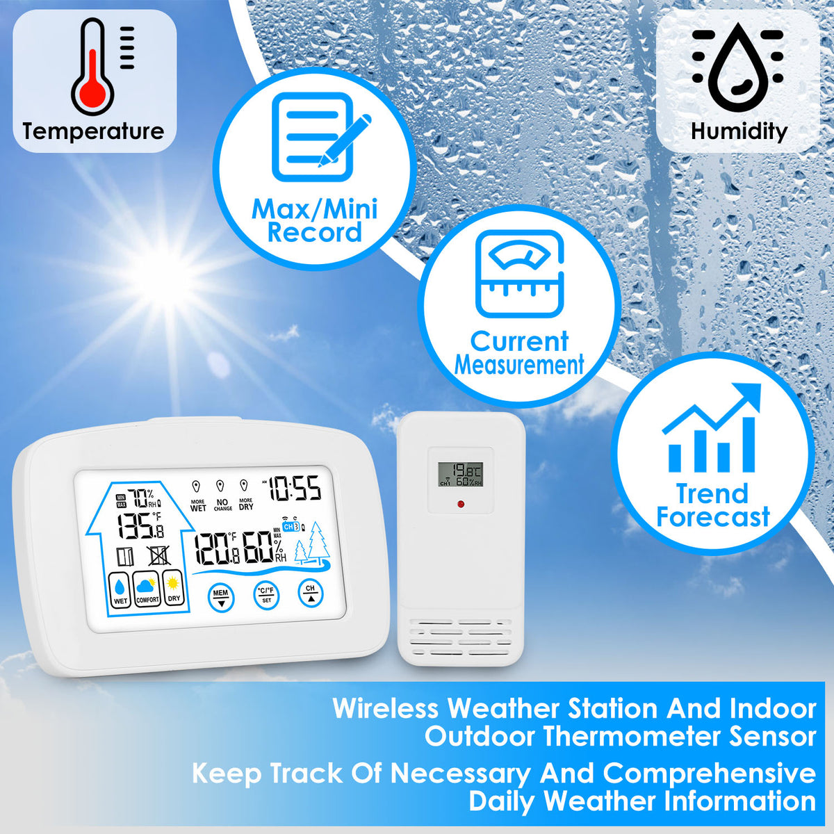 Weather station showing temperature, humidity, max/min record and trend forecast