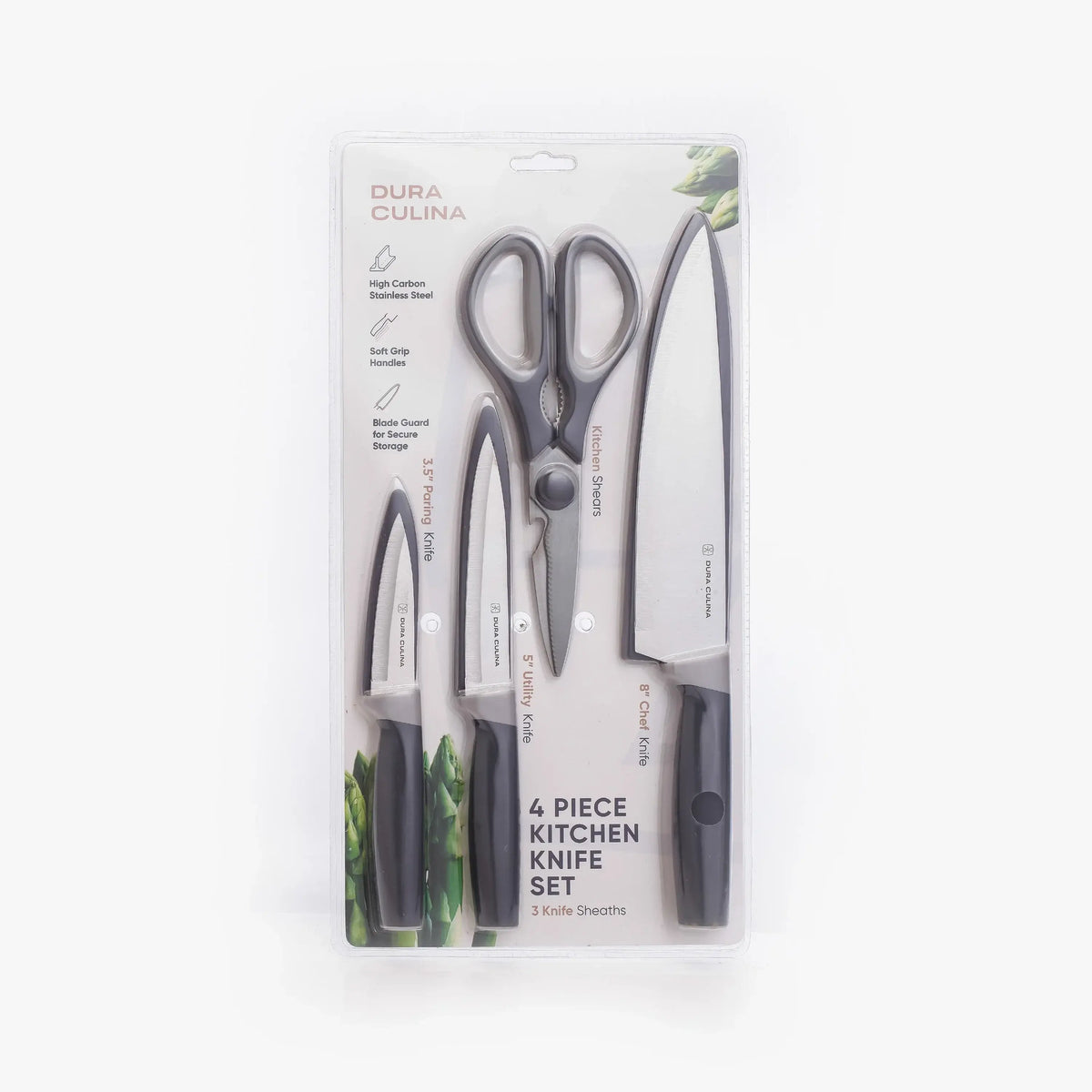 4-piece kitchen knife set featuring chef, utility, paring knives and scissors for versatile kitchen tasks.