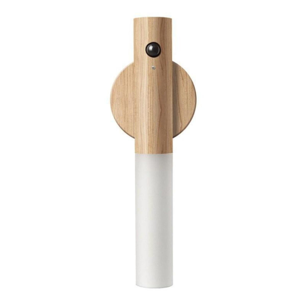 Rechargeable motion sensor night light in white with wood-grain design and sensor lens for convenient hands-free lighting