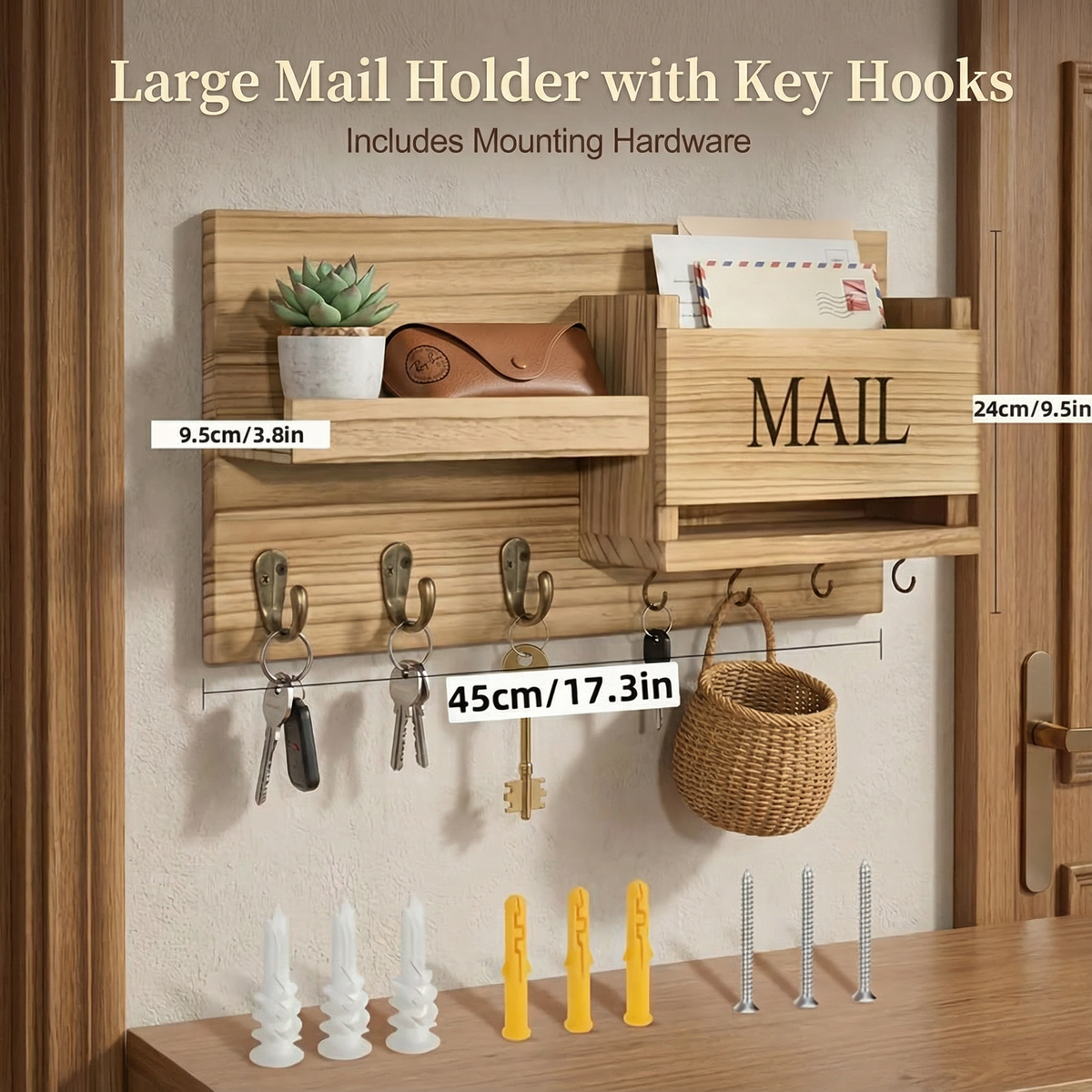 Rustic Wood Entryway Organizer – Key Hooks, Mail Rack & Coat Hooks