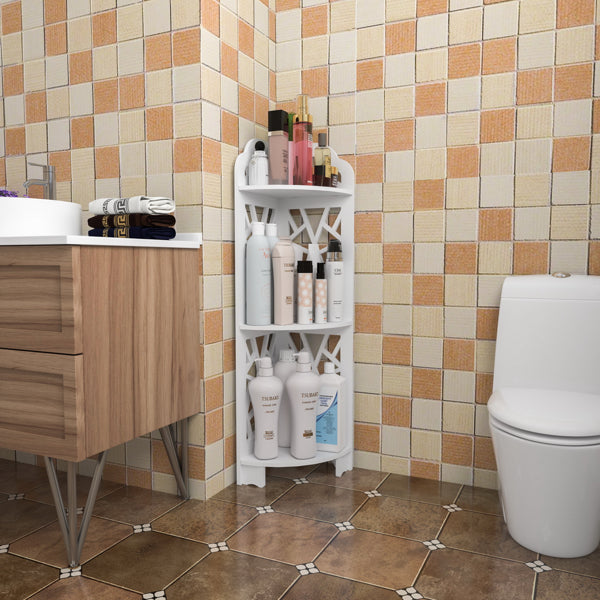 waterproof corner bathroom shelf with 3 tiers holding toiletries and towels between sink and toilet