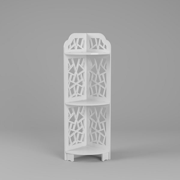 White waterproof corner bathroom shelf with 3 open tiers and geometric pattern details, compact design
