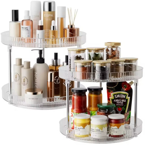 2-tier lazy susan spice organizer with clear spinning design holding bottles, jars, and containers