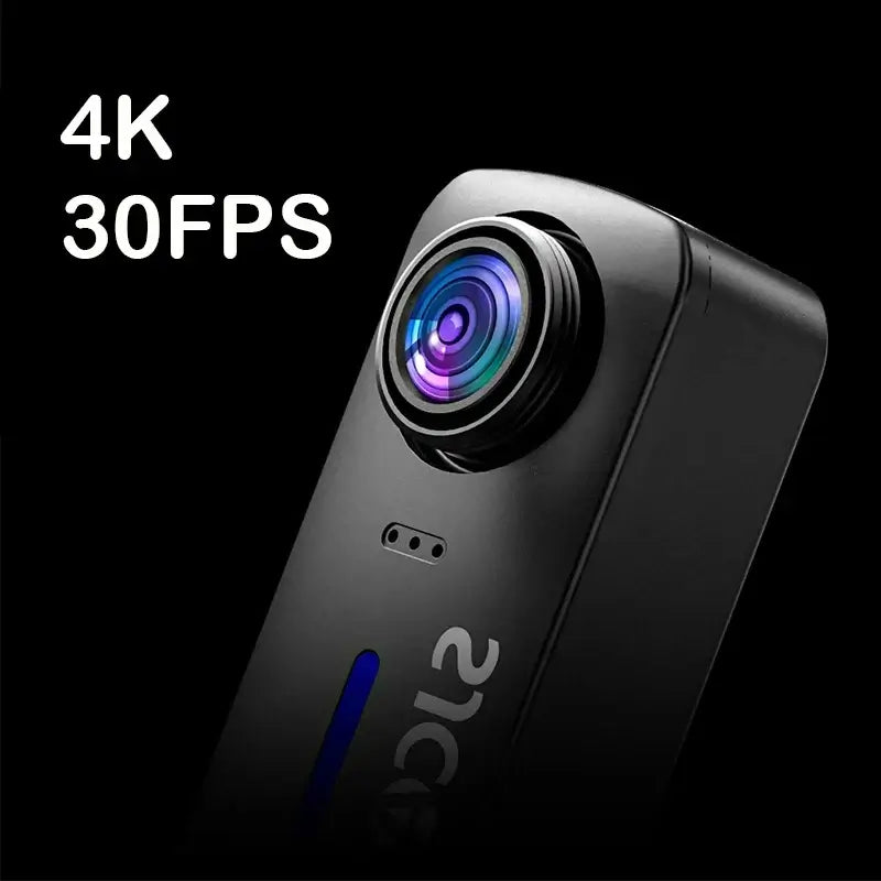 Close-up of 4K EIS action camera waterproof showcasing lens and specifications of 4K video at 30FPS.