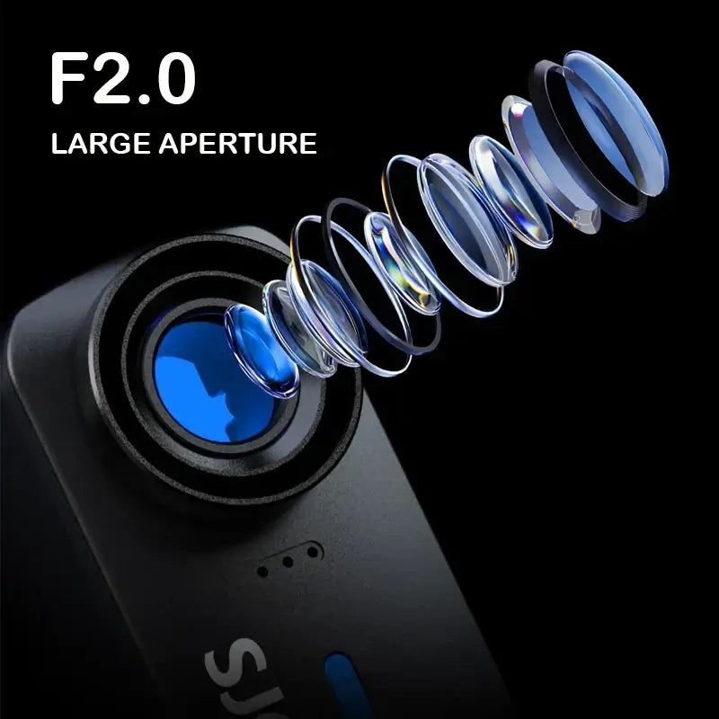 4K EIS action camera waterproof showcasing F2.0 large aperture lens design for enhanced image quality.