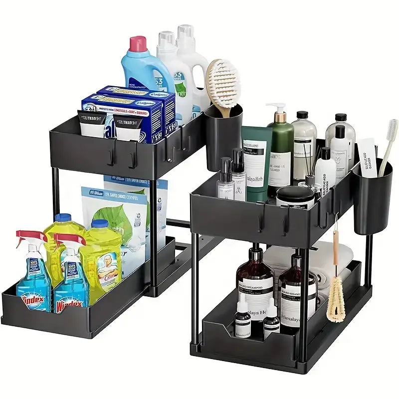 Pull-out under-sink storage rack organizing cleaning supplies and toiletries for easy access.