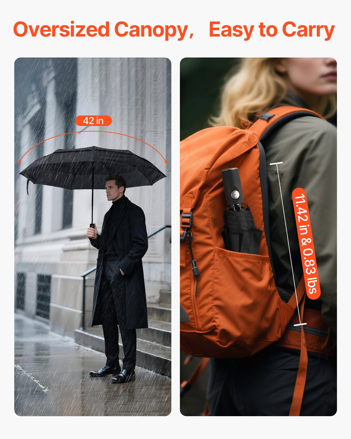compact automatic travel umbrella with 42-inch oversized canopy, shown open in rain and folded in backpack