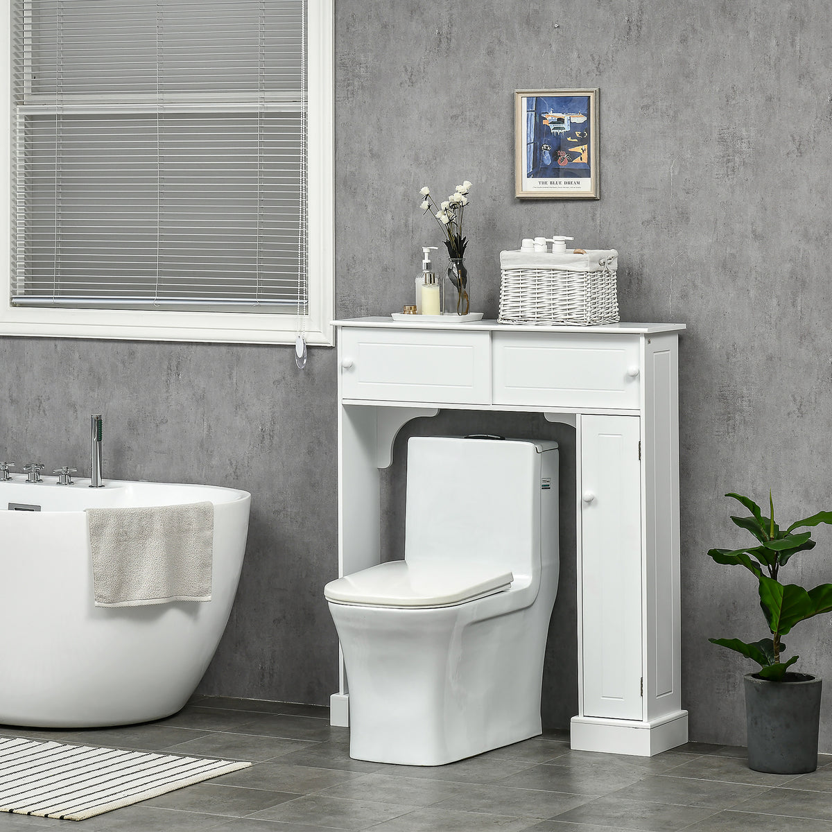 White over-the-toilet storage cabinet with sliding doors above toilet in bathroom