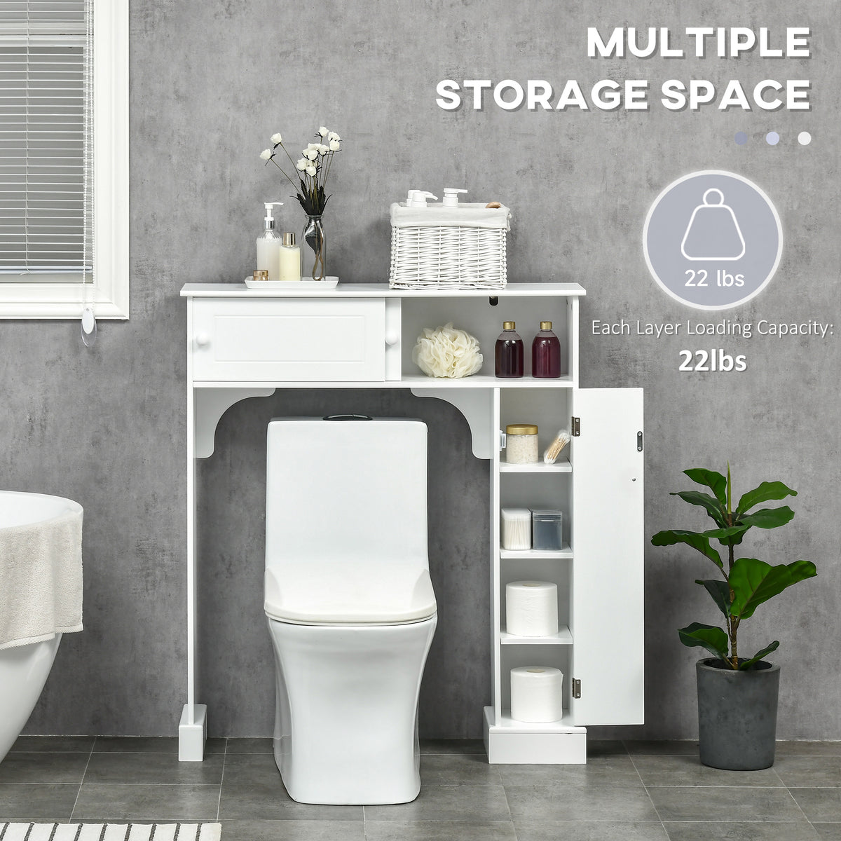 White over-the-toilet storage cabinet with sliding doors displaying multiple storage space above toilet in modern bathroom