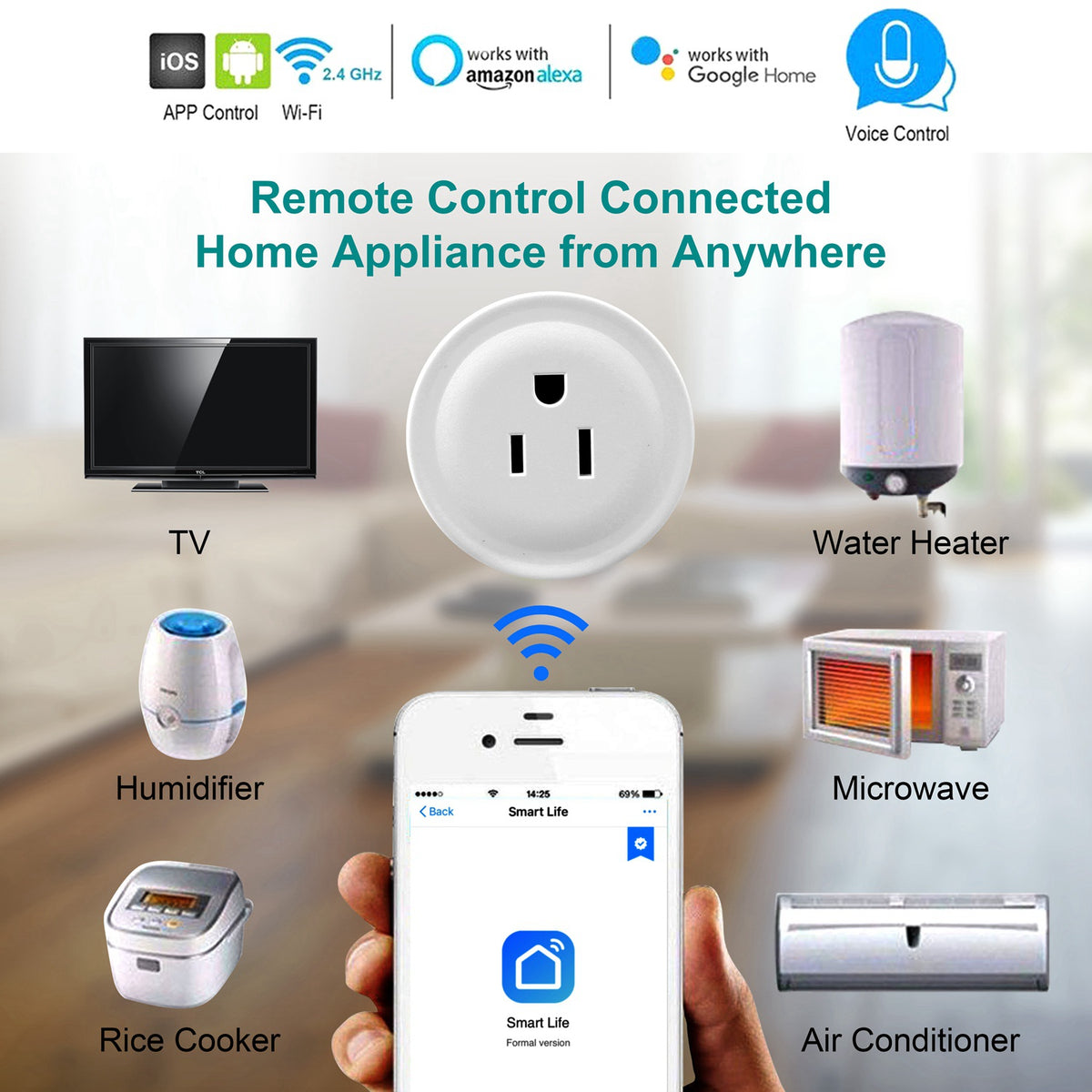 Smart plug controls home appliances from a phone app