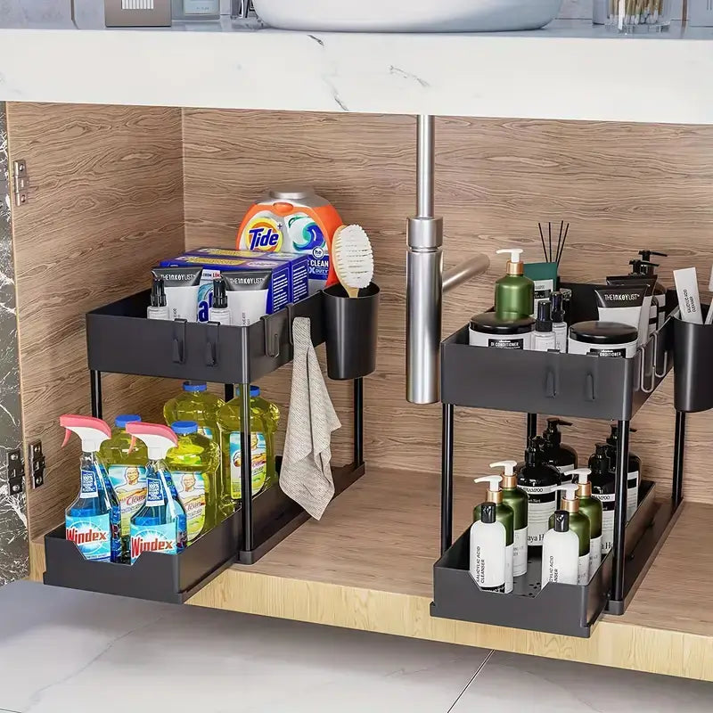 Pull-out under-sink storage rack in use with cleaning supplies and personal care items for easy accessibility.