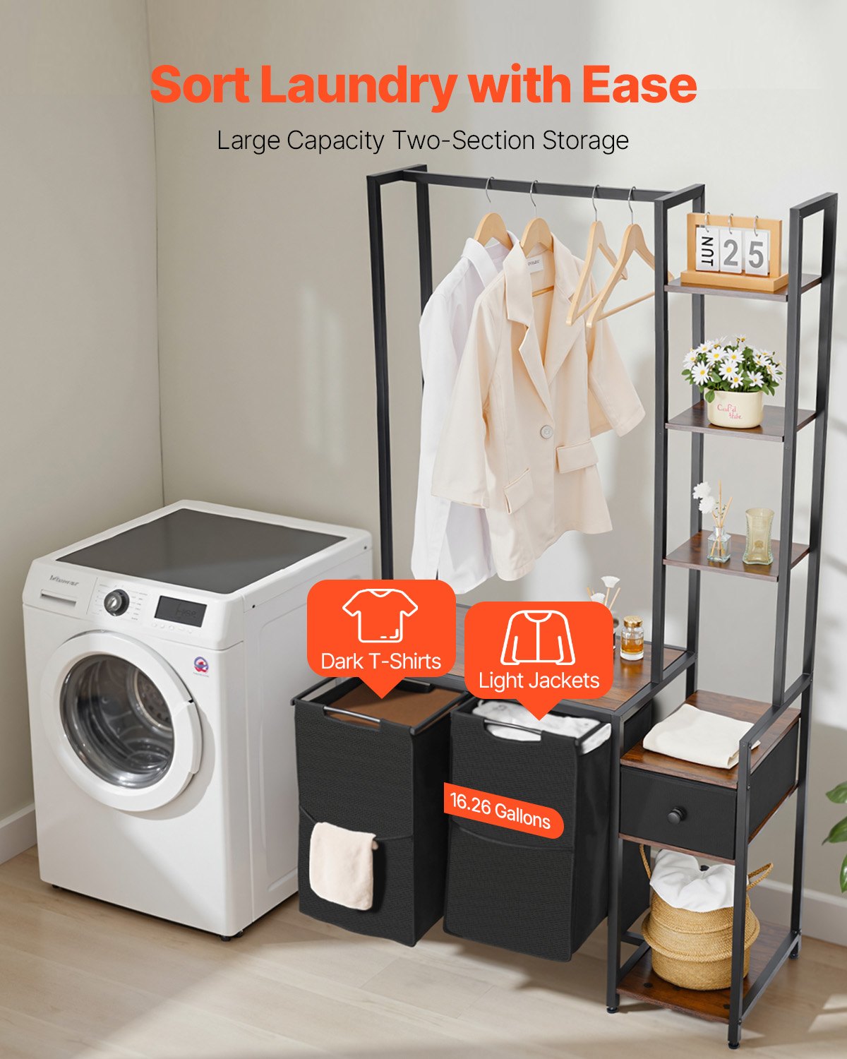 laundry sorter with hanging rod, shelves and pull-out bags for organizing darks and lights