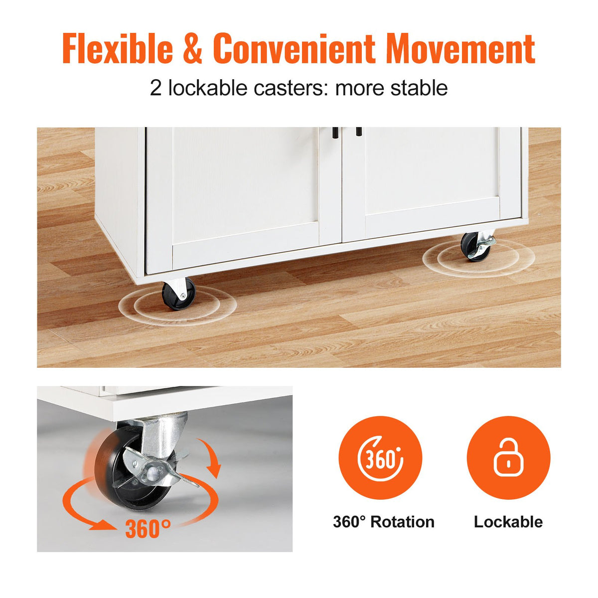 rolling kitchen island with drop leaf showing lockable casters for flexible movement