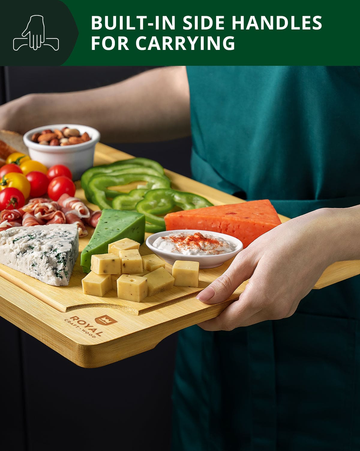 Bamboo cutting board set of 3 with juice grooves and handles – view 2