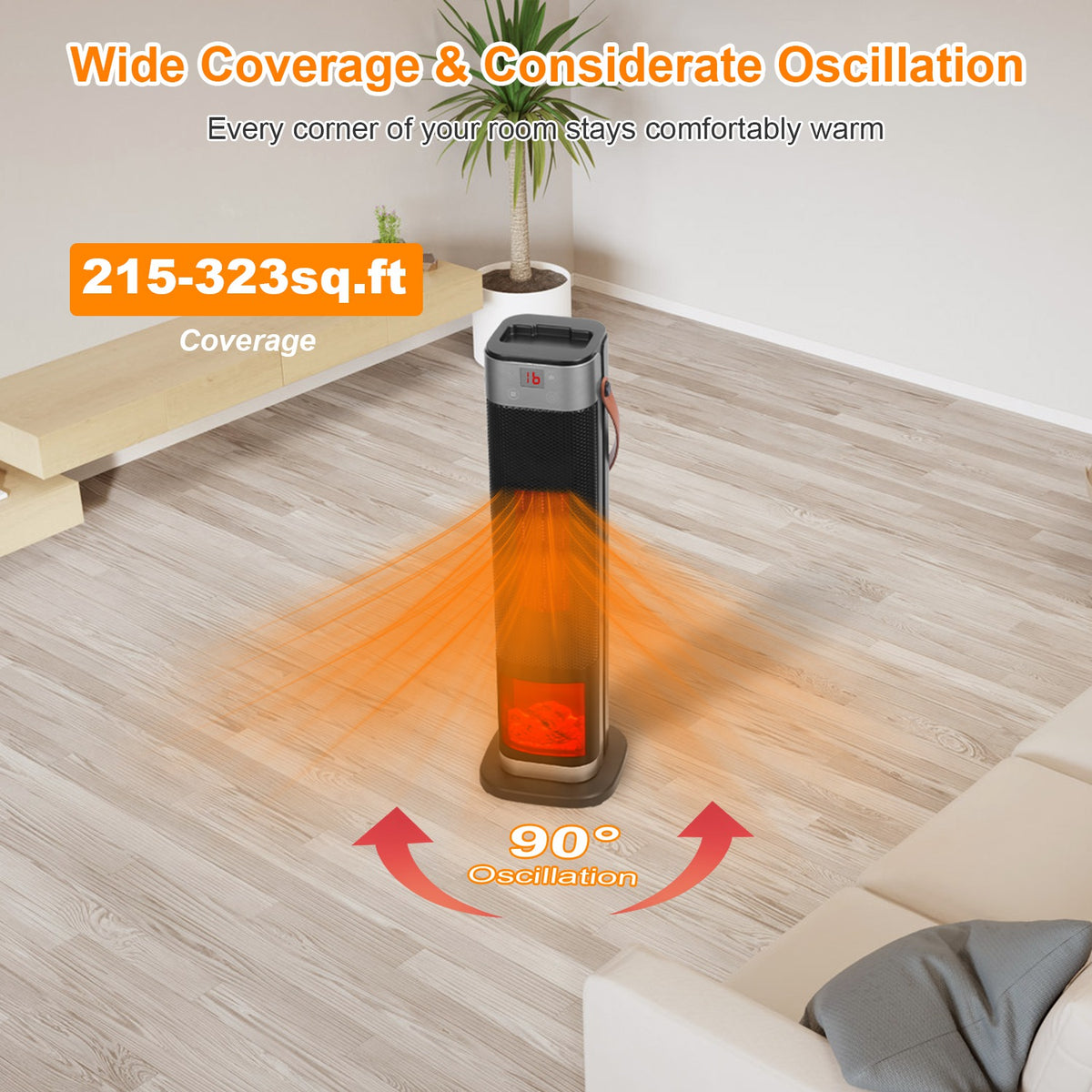 1500W ceramic tower heater with remote control showing 90° oscillation and flame effect coverage