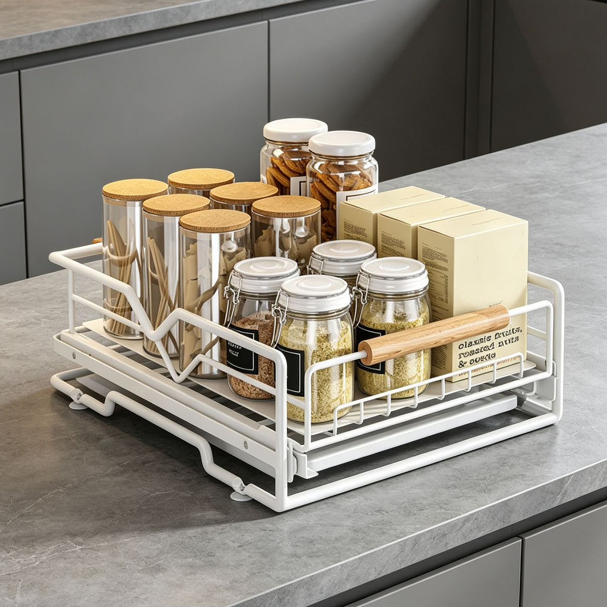 pull-out under-sink organizer with metal slide-out drawer displaying organized kitchen supplies and pantry items