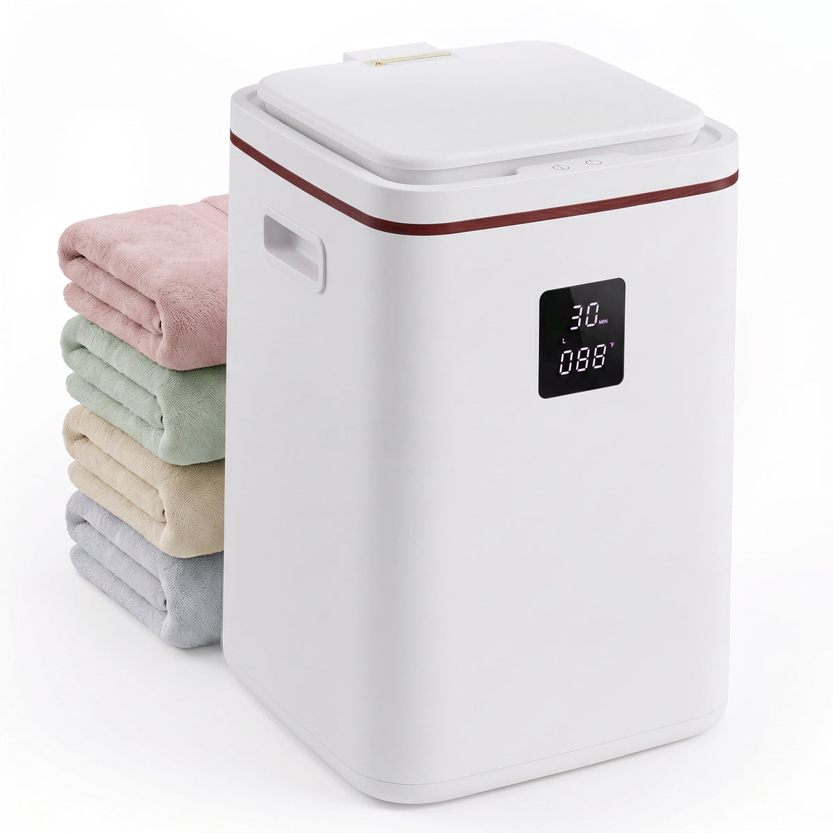 White towel warmer bucket with dark wood trim, digital display and folded towels