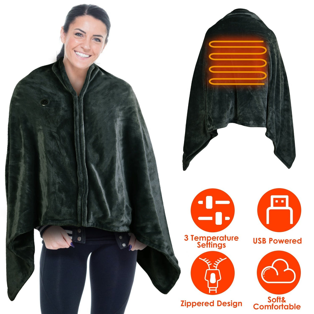 USB heated wearable blanket wrap with 3 heat settings, zippered design, shown on woman with hands free
