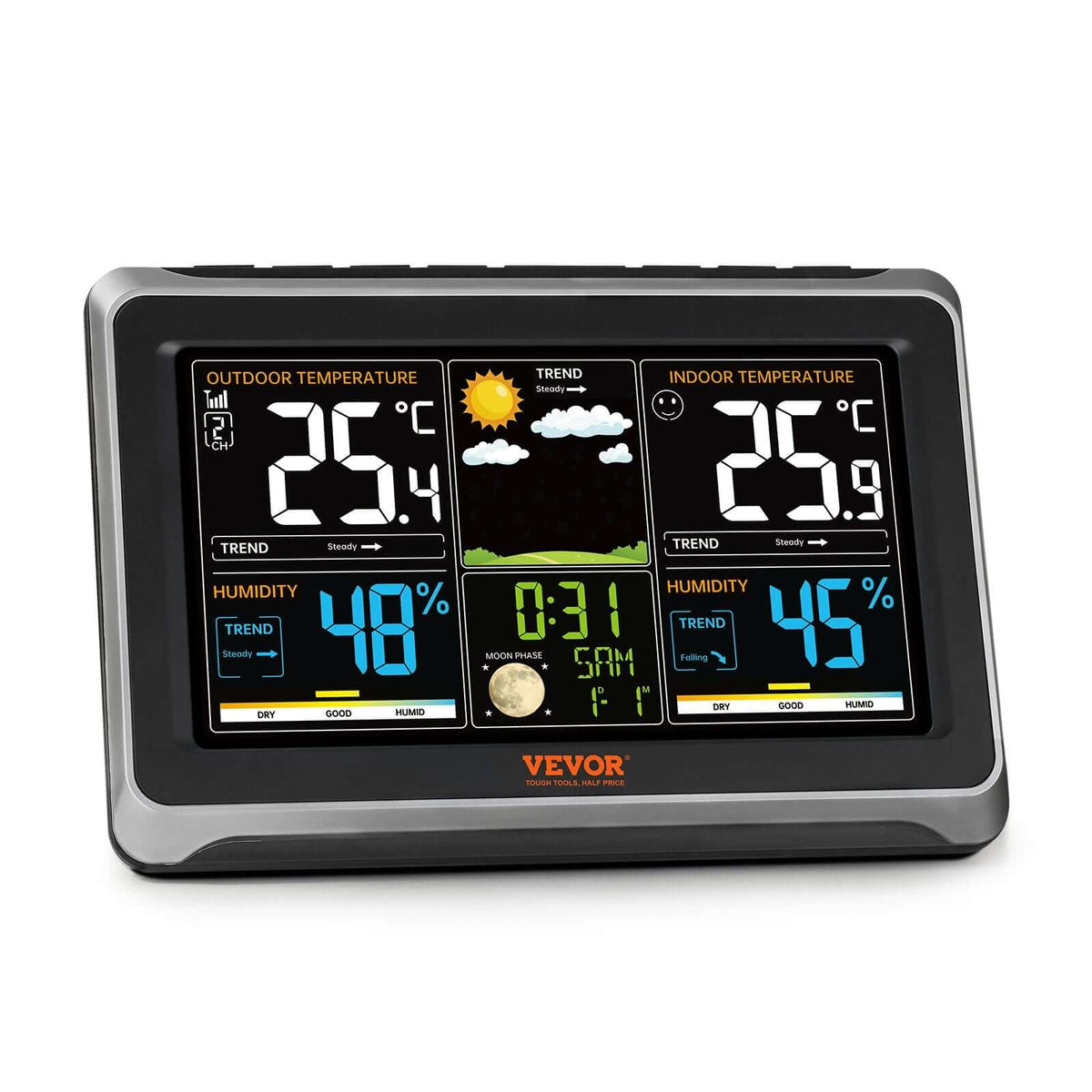 wireless weather station with outdoor sensor displaying indoor and outdoor temperature on 7.5-inch color display