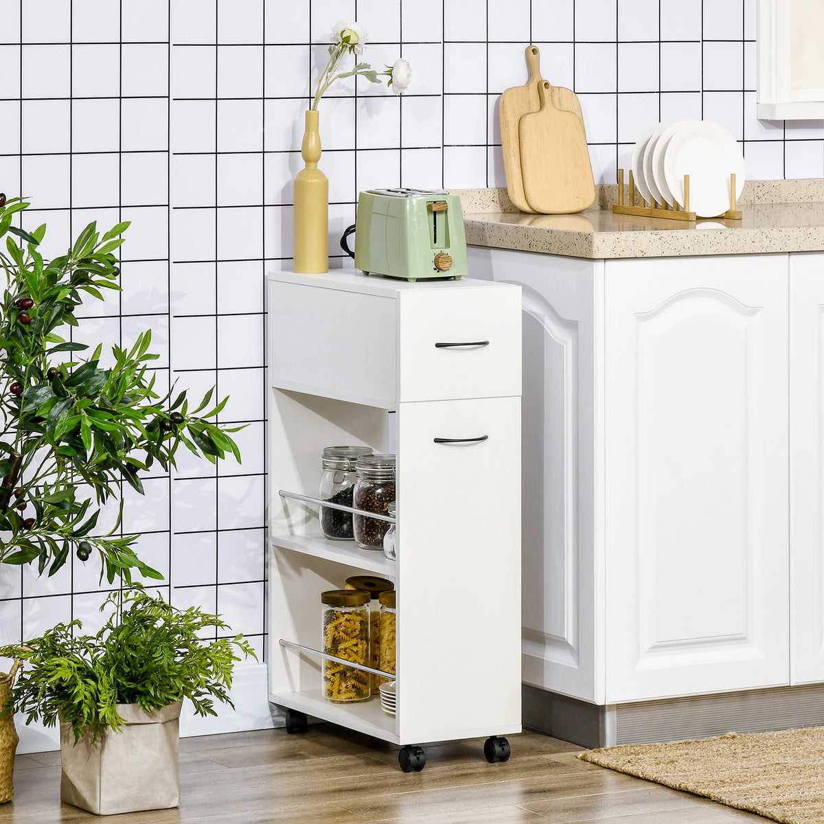 White slim rolling storage cart with drawer storing kitchen spices and jars in narrow kitchen space