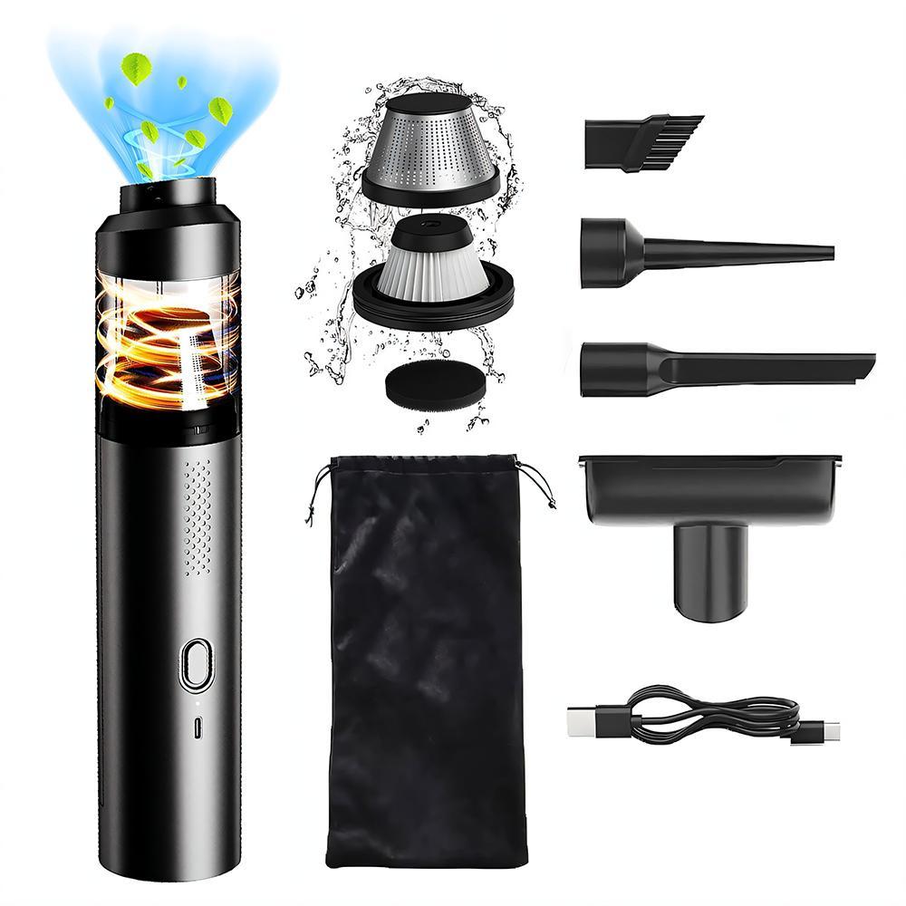 Black cordless handheld vacuum with USB-C charging, showing filter components, nozzle attachments, storage bag, and charging cable