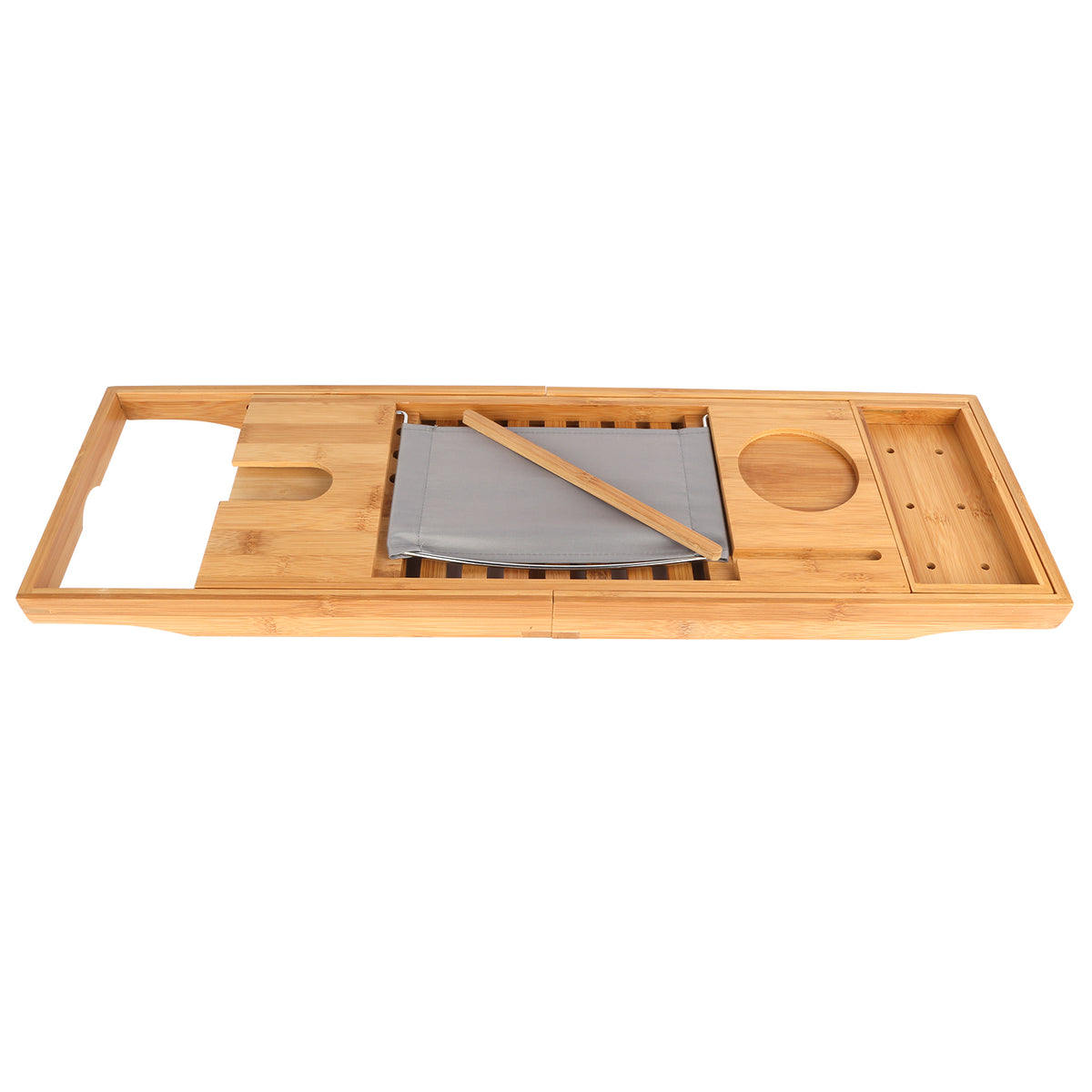 bamboo bathtub caddy with book holder featuring expandable design with drink and accessory holders
