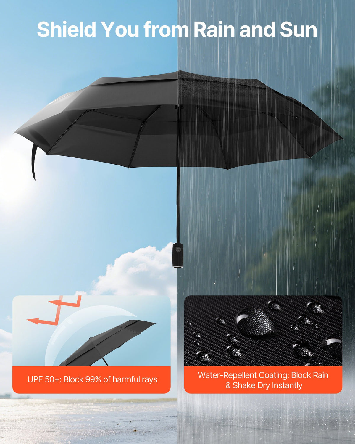 compact automatic travel umbrella with water-repellent coating and UPF 50+ protection blocking rain and sun