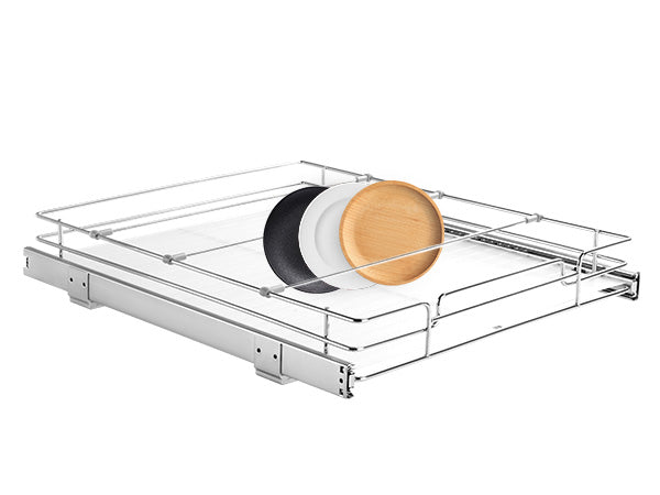 Heavy-duty pull-out cabinet organizer with 14 x 21 in. dimensions, displaying slide-out storage for kitchen items
