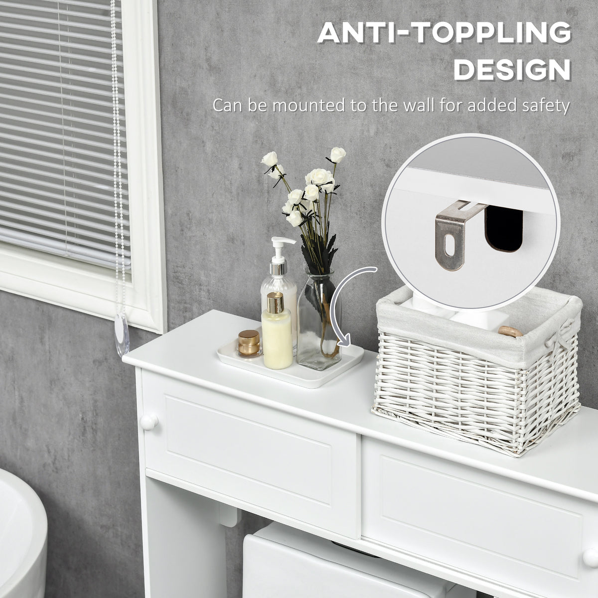 White over-the-toilet storage cabinet with sliding doors featuring anti-toppling design and wall-mounted safety
