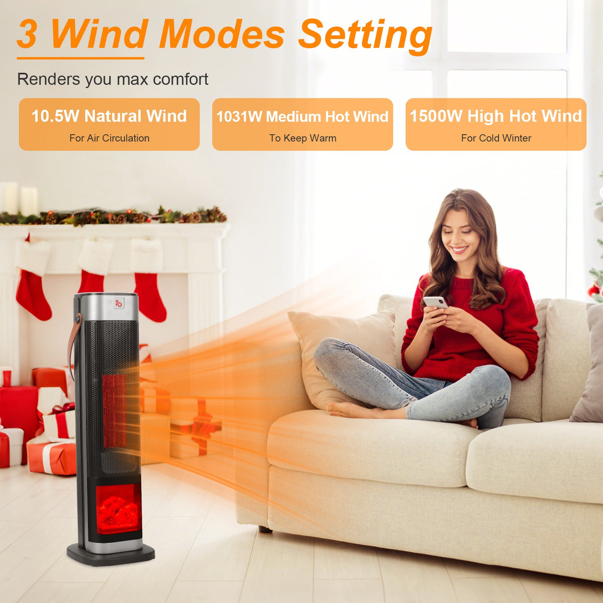 1500W ceramic tower heater with remote control featuring 3 wind modes and flame effect for comfortable home heating