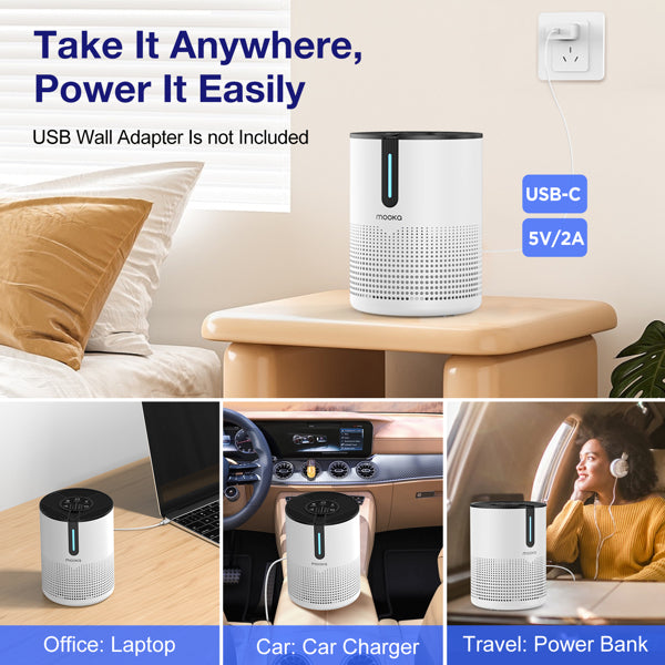 Compact HEPA air purifier with sleep mode on nightstand showing USB-C power connectivity and portable placement options